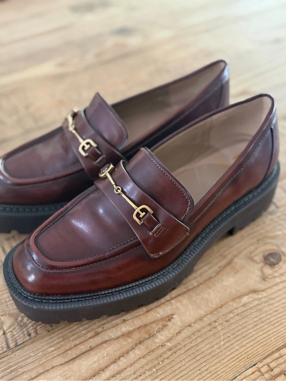 Sam Edelman Brown Leather Loafers with Gold Bit Accent